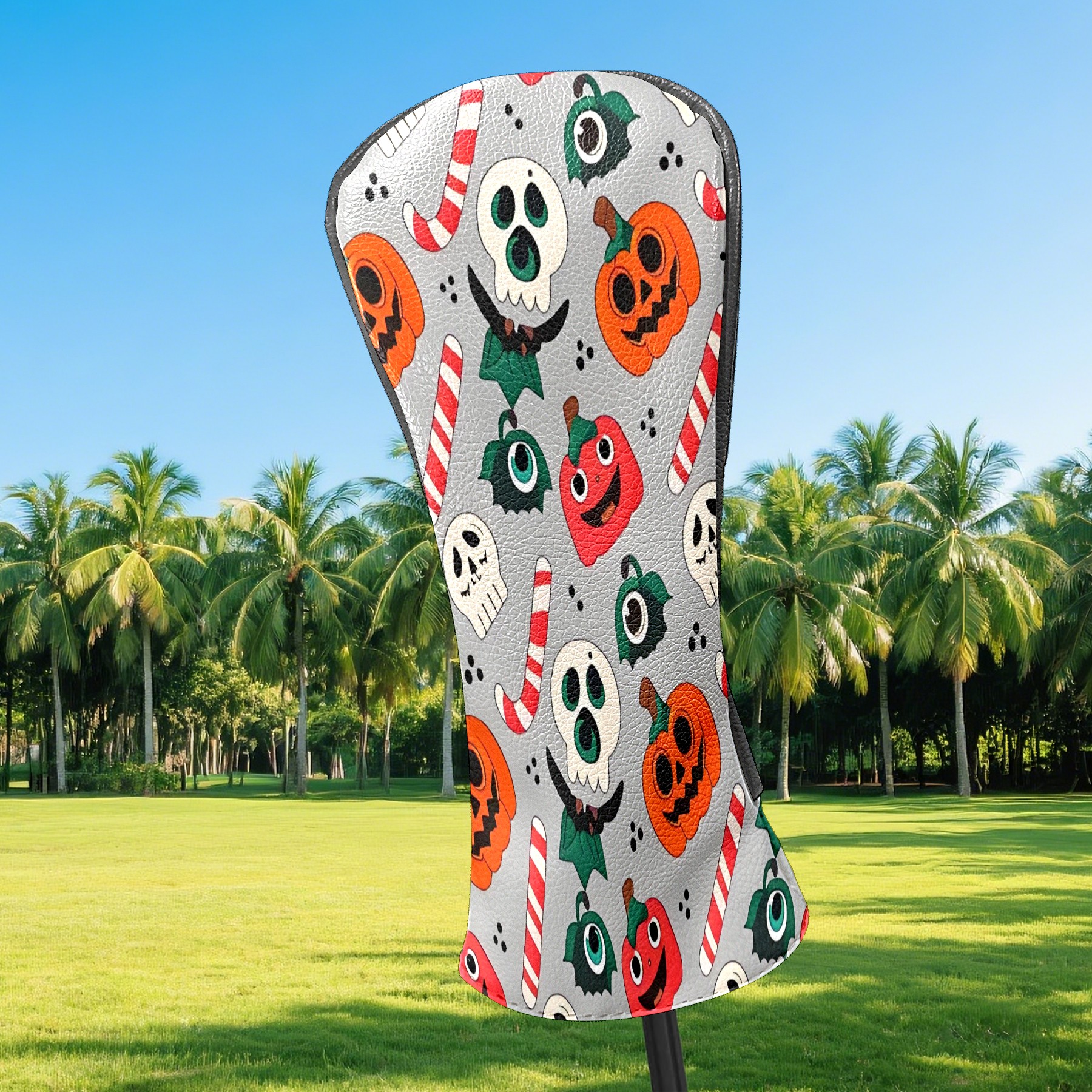Golf Club Covers, Gray PumpkinSkull Premium PU Leather Driver Hybrid Putter Head Covers with Velvet Lining, Waterproof Golf Gifts for Men Women