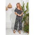 thumbnail image 2 of Love Welove moda mujer Floral manga corta cintura alta pantalones de pierna ancha Casual suelto recogido mono negro LeafXX-Large, 2 of 5