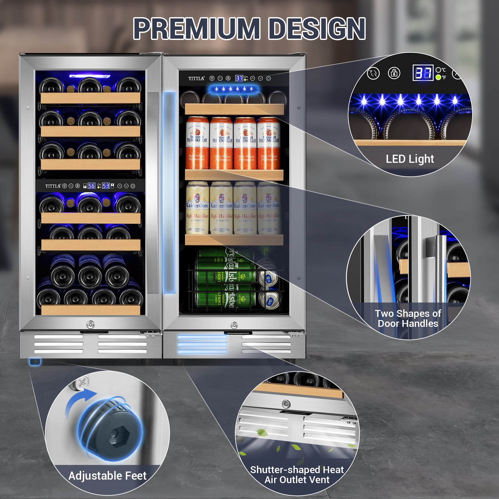 Tittla 15 Inch Dual Zone Wine Refrigerator and 15 Inch Beverage Refrigerator,Wine Cooler Holds 30 Bottles and 130 Cans for Kitchen Office