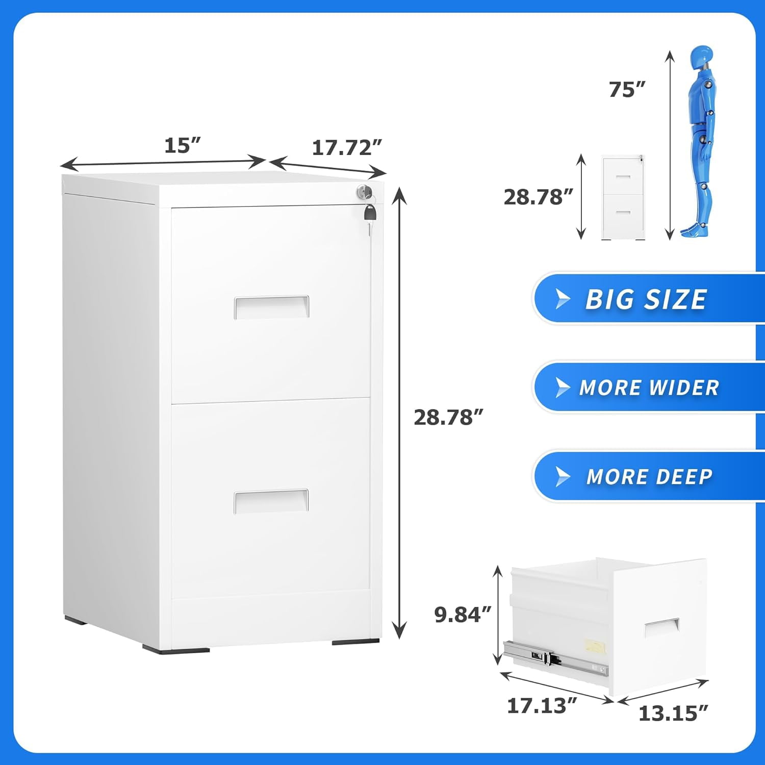 SOLAURA 2 Drawer Metal Vertical File Storage Cabinet with Lock for Home, Office, Steel File Cabinet for A4 Letter /Legal Size (White)