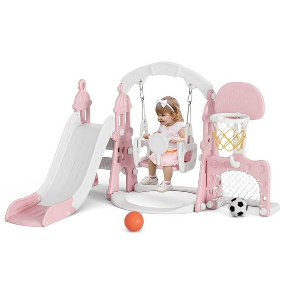 KORIMEFA 6-in-1 Kids Slide and Swing Set - Perfect for Toddlers 1-6 Years - Extra-Large Indoor and Outdoor Playground - Includes Slide, Swing, Basketball Hoop, and Climber