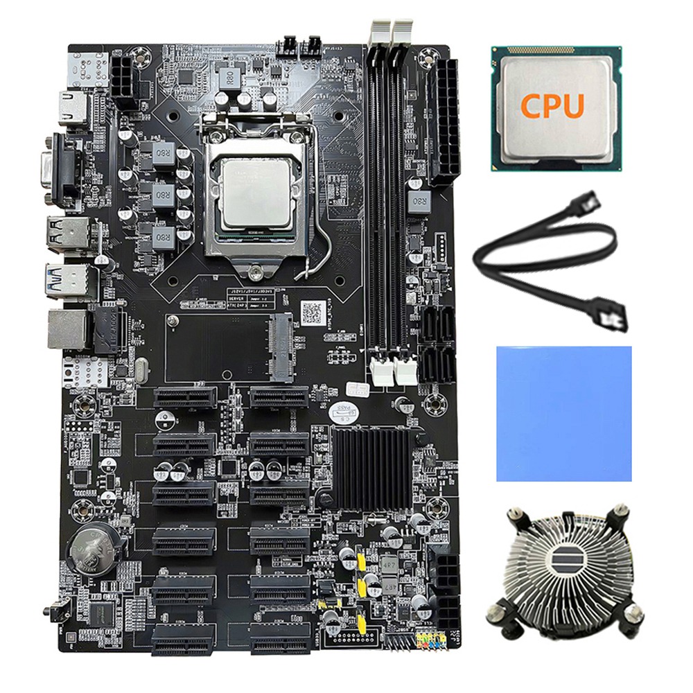 12 Cards B75 BTC Mining Motherboard+CPU+Fan+Thermal Pad+SATA Cable 12