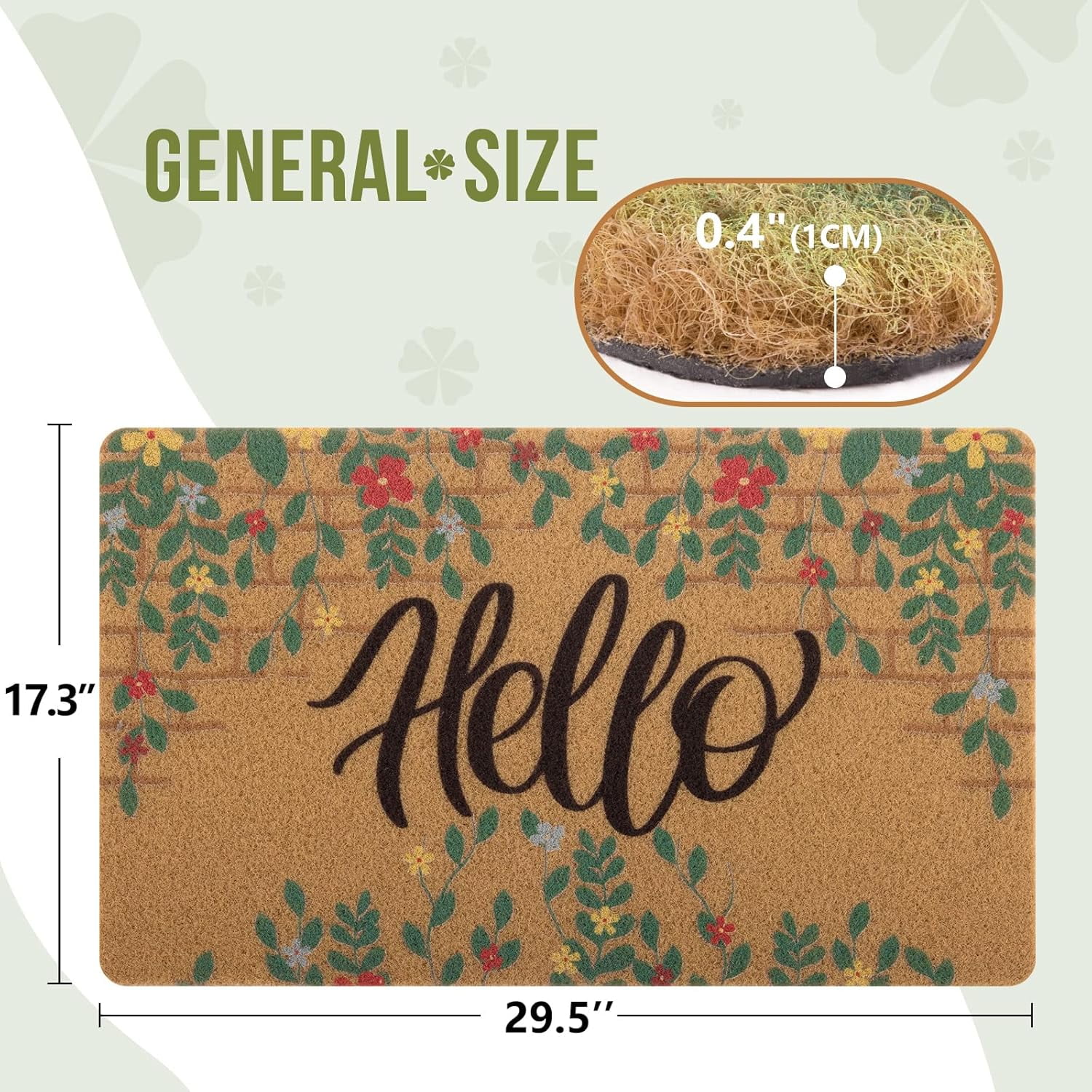 Artificial Coir Doormat with Non-Slip Backing for Indoor and Outdoor 17 x 30 inch Front Door Welcome Mat Spring Summer Seasonal Doormat, Hello Flower Wall