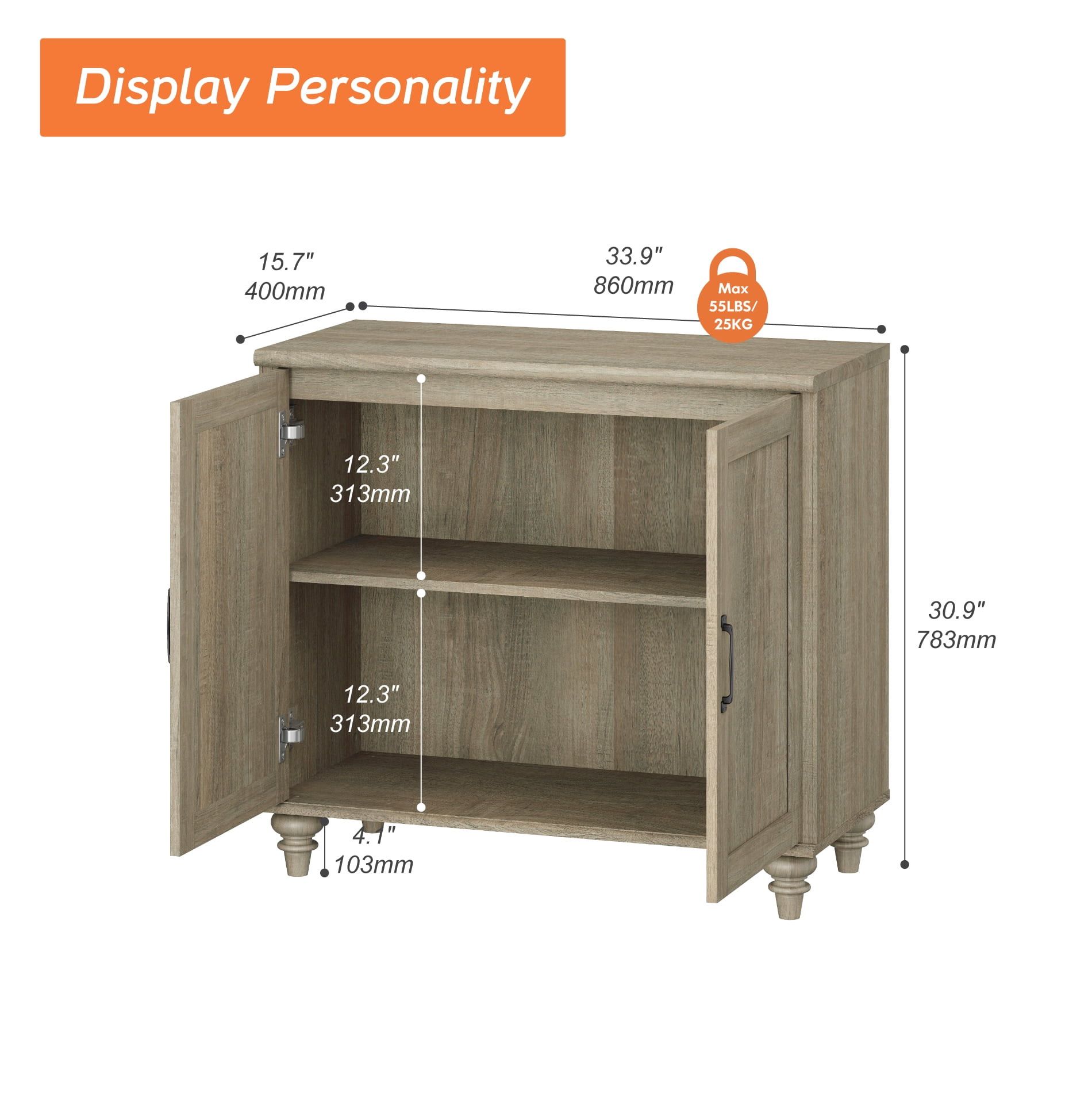 Modern Farmhouse Credenza, 34" Wash Gray Storage Sideboard with Wood Doors