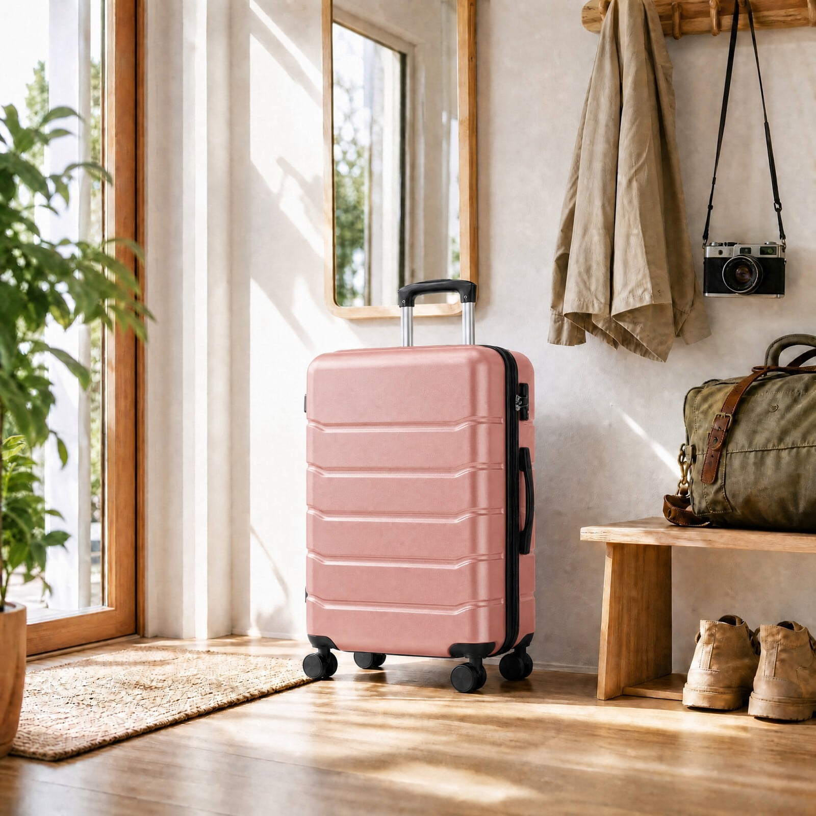 Kelno Carry On Luggage with Spinner Wheels ABS Hard Shell Suitcase Expandable Rolling Luggage with TSA Lock, Pink