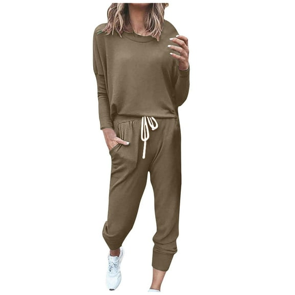 hoksml Women's 2-Piece Casual Jogger Set Soft Oversized Long Sleeve Crewneck Sweatshirt and Drawstring Elastic Waist Joggers, Solid Color Lounge Set for Athleisure Running Yoga