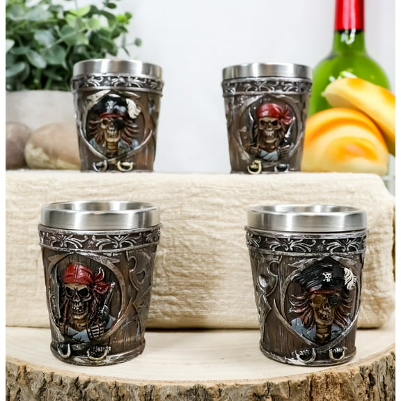 Ebros Pirate Captain And Buccaneer Skeleton Shot Glasses 2-Ounce Set Of 4 Novelties