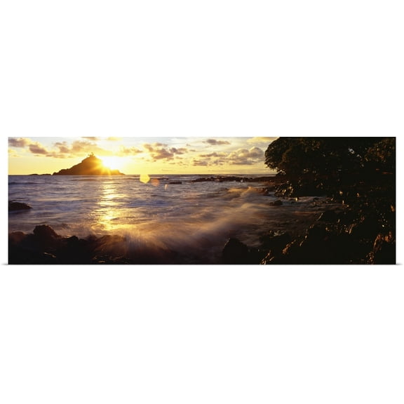 Great BIG Canvas | Rolled Carl Shaneff Poster Print entitled Hawaii, Maui, Hana, View Of Sunrise Bursting Over Alau Island From Hana Shoreline