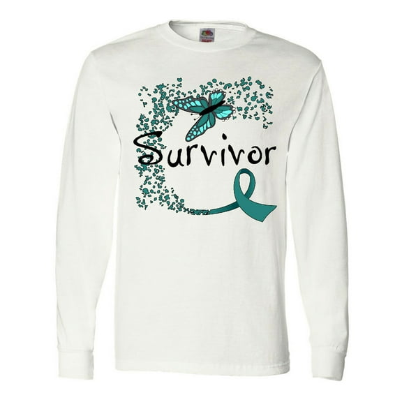 Inktastic Ovarian Cancer Survivor- Butterfly Ribbon Long Sleeve T-Shirt