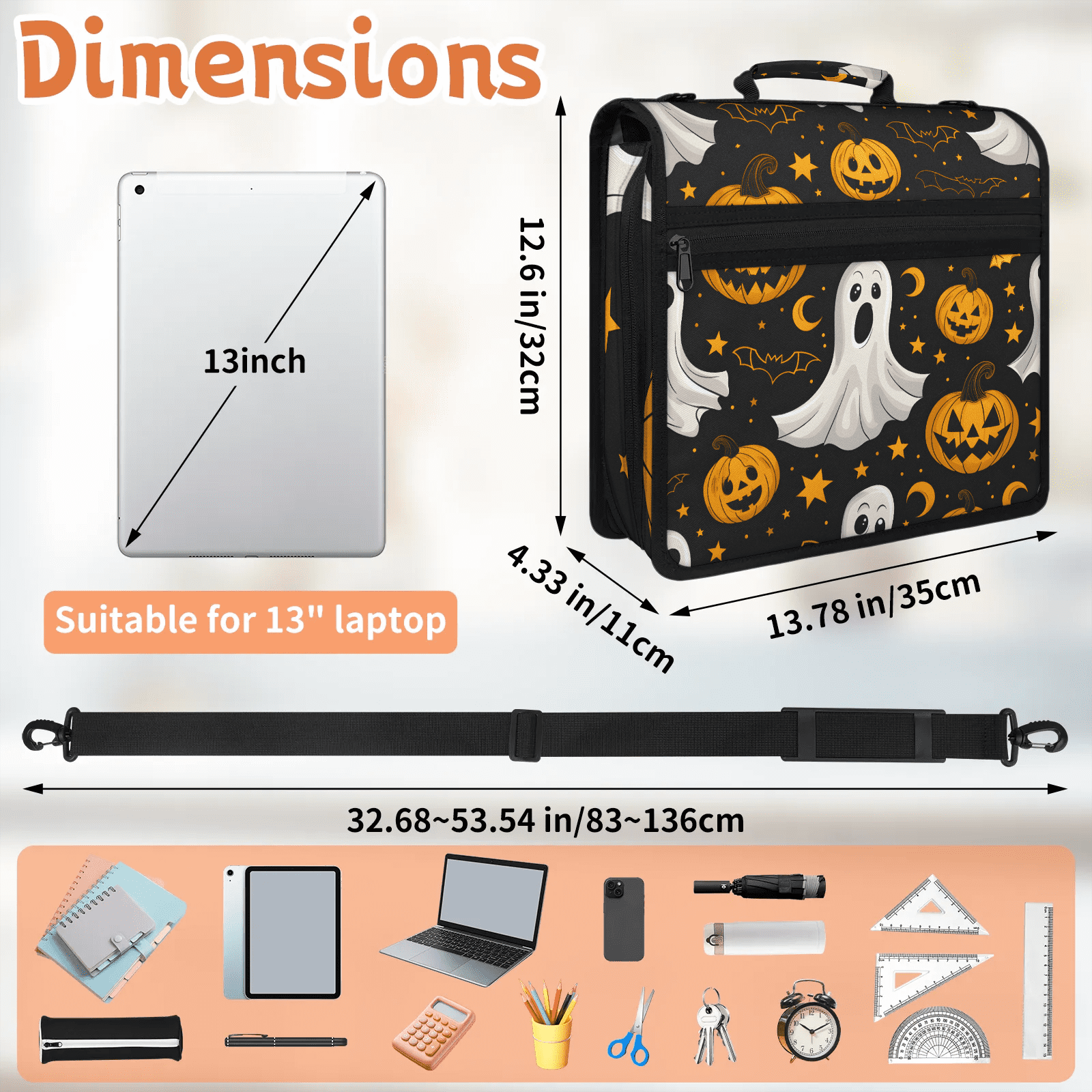 Herdesigns Funny Ghost Zipper Binder 1.5 Inch 3 D-Rings with Shoulder Strap & Handle, Waterproof Halloween Pumpkin Binder Organizer Bag for 13 Inch Laptop