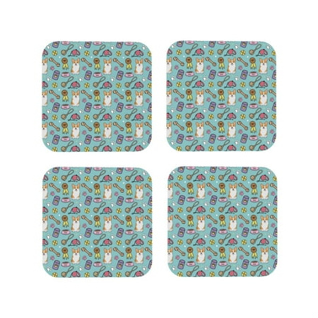 

Coasters Set of 4 - Cute Corgi Dog Bowl Props Drink Coasters for Tabletop Protection Leather Coasters for Living Room Decor and Housewarming Gift Square