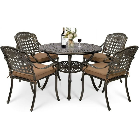 MEETWARM 5 Piece Patio Dining Set, Outdoor All-Weather Cast Aluminum Dining Table Set, Patio Furniture Set for Backyard Garden Deck, Include 4 Chairs, 4 Cushions and 1 Round Table with Umbrella Hole