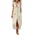 thumbnail image 3 of Dresses for Women V Neck Sleeveless Button Down Shirt Dress with Pockets Loose Everyday Casual Cotton Linen Sundress,Sizes S-2XL, 3 of 8