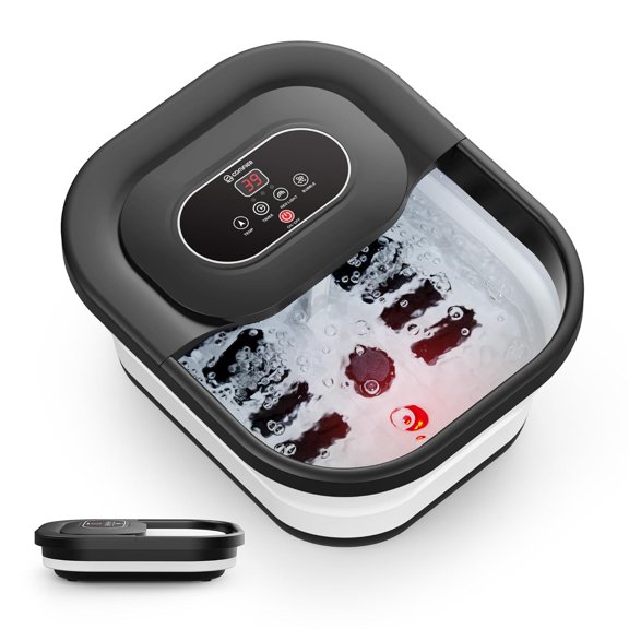 Collapsible Foot Spa Bath Massager with Heat, Pedicure Foot Spa with Bubbles, Red Light, Pumice Stone and Shiatsu Massage Rollers, Heated Bath Spa for Relaxation and Stress Relief (Black)