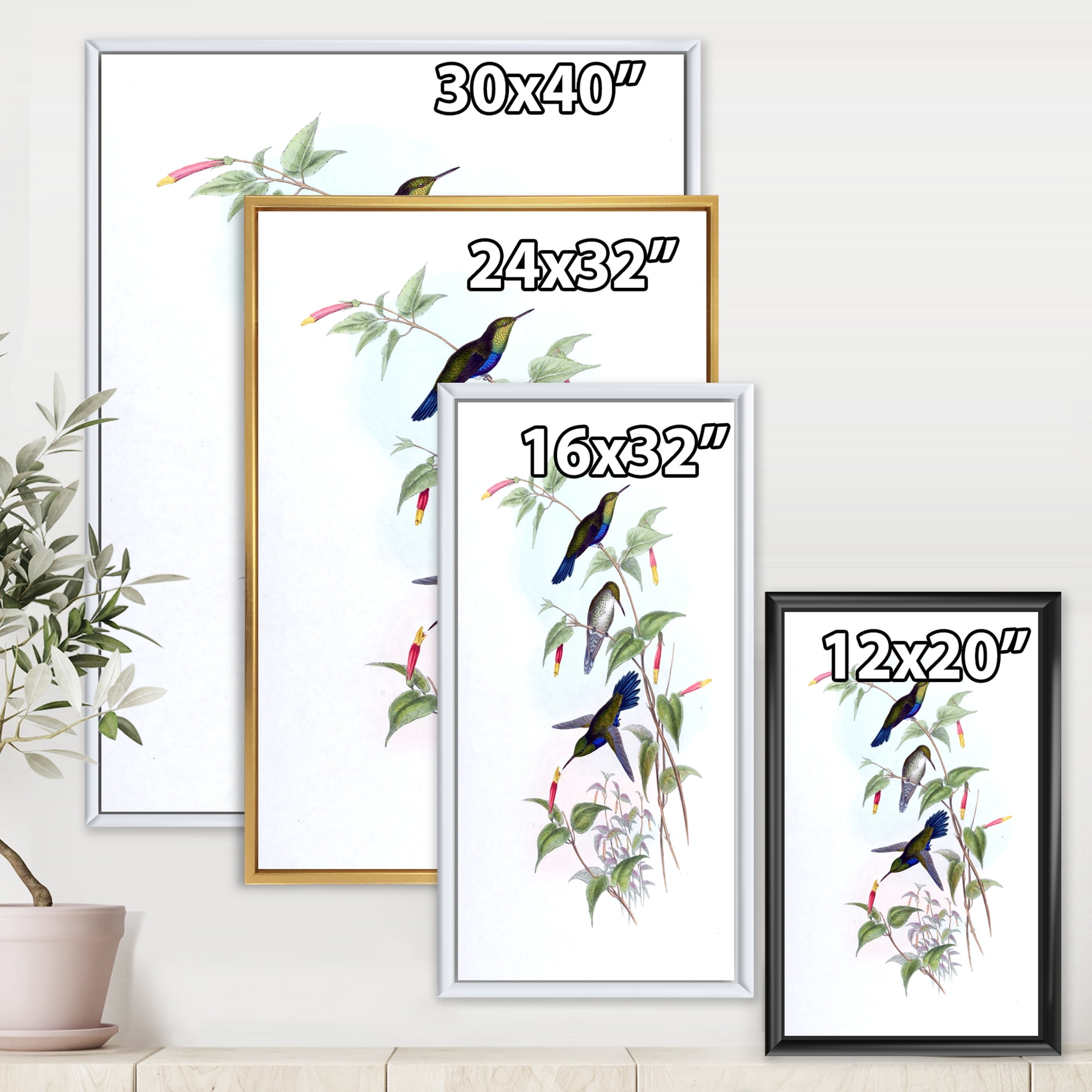 Ancient Hummingbird I 12 in x 20 in Framed Painting Canvas Art Print, by Designart