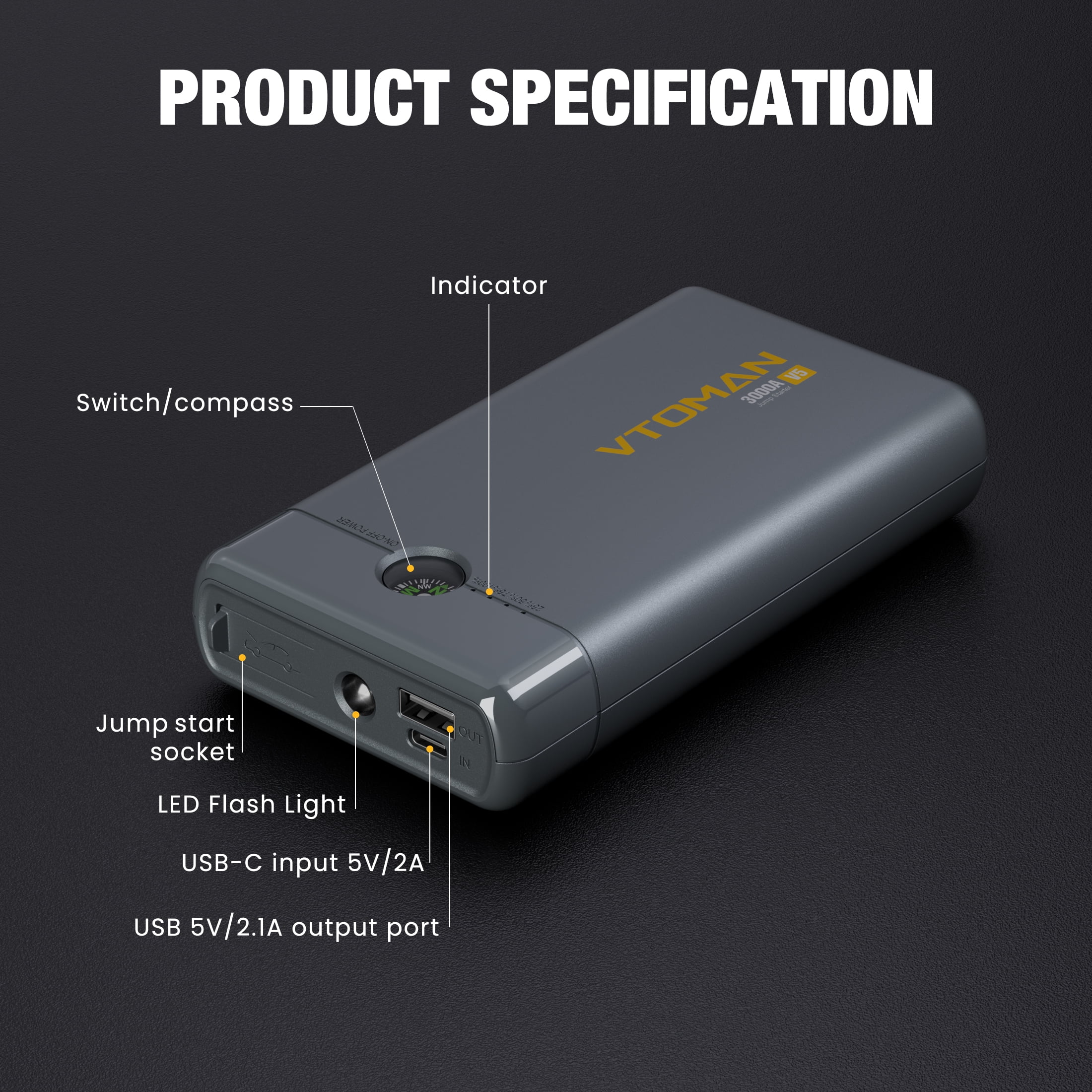 Clearance! VTOMAN V5 Jump Starter for Car, 3000A Car Battery Jumper Starter for 12V Vehicles (8.5L Gas/6L Diesel)