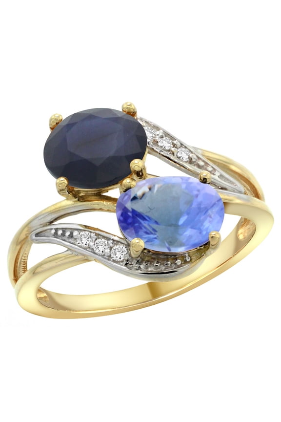 10K Yellow Gold Diamond Natural Australian Sapphire & Tanzanite 2-stone Ring Oval 8x6mm, size 8