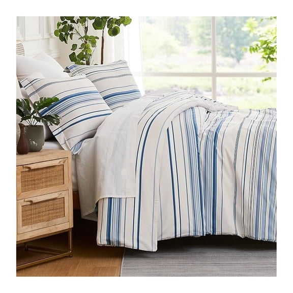 3-Piece Queen Comforter Set, Down Blue Comforter Full Size with 2 Pillow Shams, Microfiber Bedding Set, Full or Queen Bed, Coastal Stripes Blue