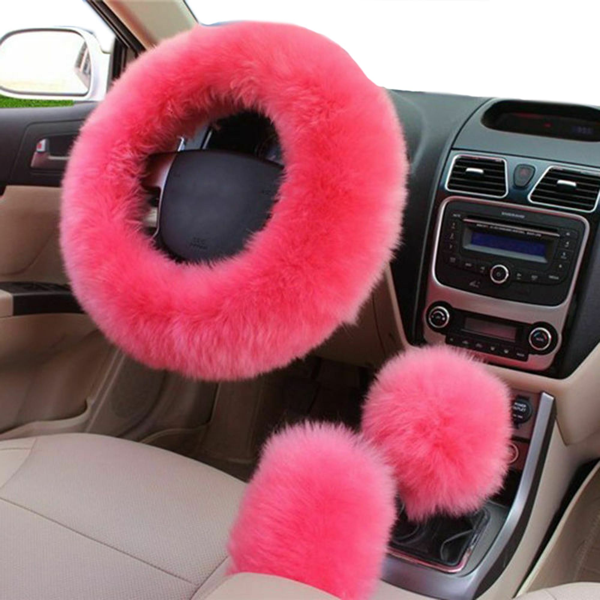 Hot Pink Minky Plush Rosette Soft Faux Fur Steering Wheel Cover