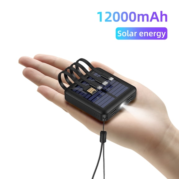 12000mAh Portable Solar Power Bank with 4 Built-in Cables, Ultra-Compact Pocket Solarpower Bank Charger with Bright LED Flashlight & Lanyard for Camping, Travel, iPhone, Samsung, Android Devices