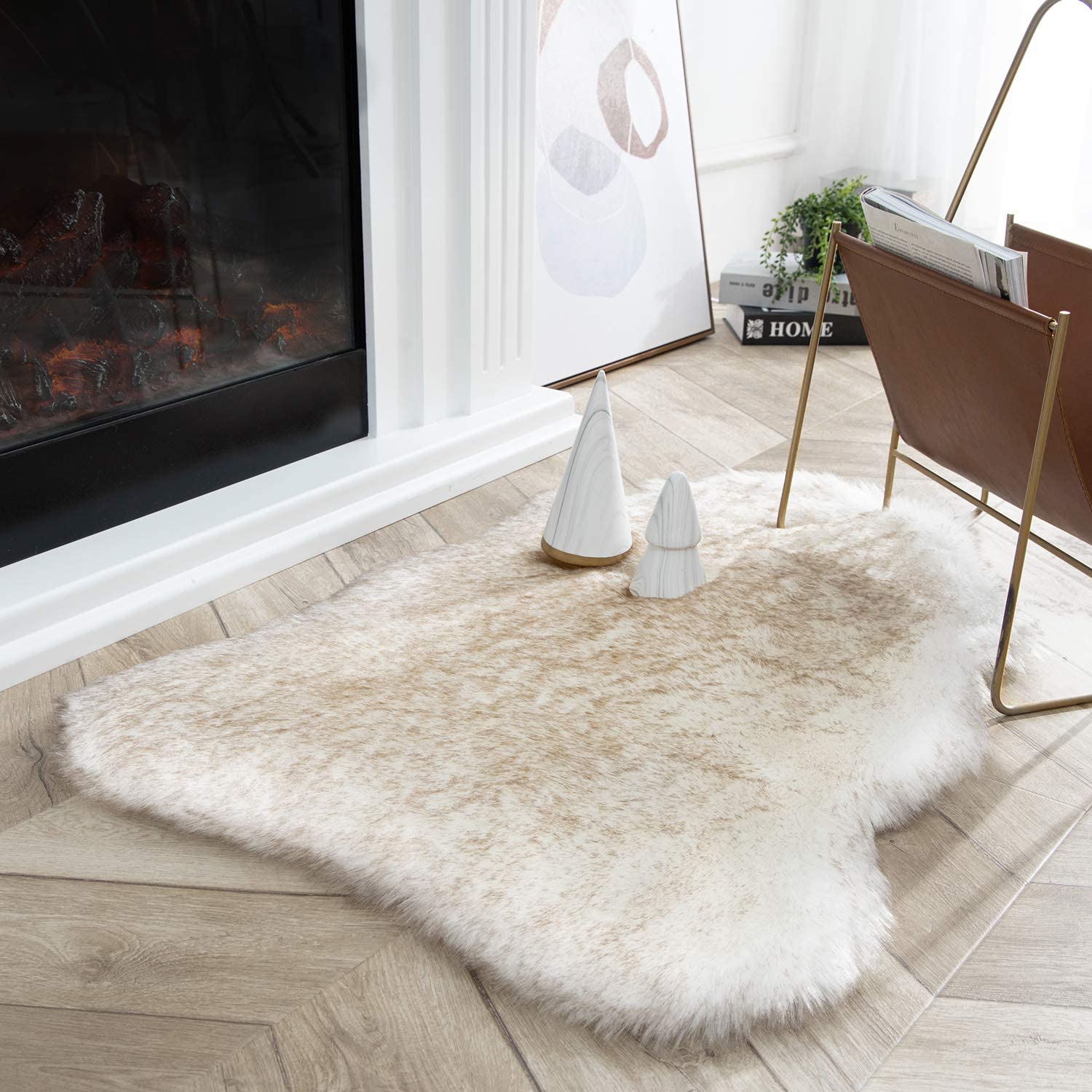 Ashler Ultra Soft Faux Fox Fur Gug White Brown Fluffy Area Rug, Carpets