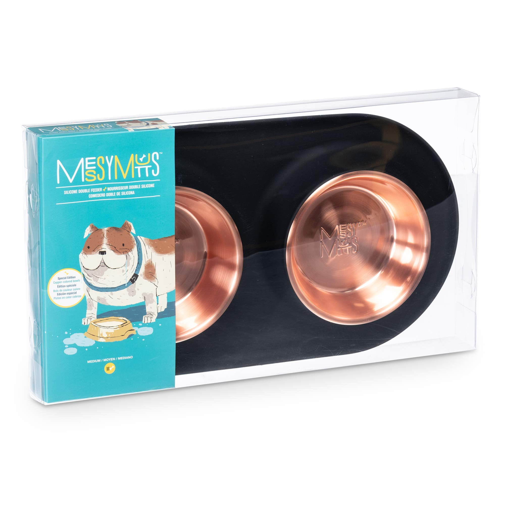 Messy Mutts Double Silicone Feeder with Copper-Colored Stainless Bowls | Non-Skid Food Dishes for Dogs | Sizes Available for All Pets | Dog Food Bowls | Large, 3 Cups Per Bowl | Black