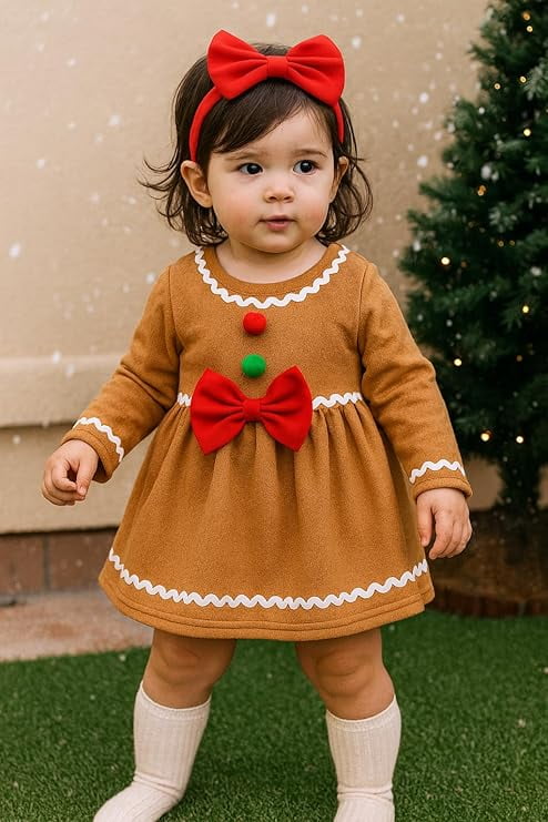 stylesilove Baby Toddler Girl Gingerbread Fleece Long Sleeve Holiday Dress with Red Bow Pom Pom Details Brown Christmas Outfit (12 Months)
