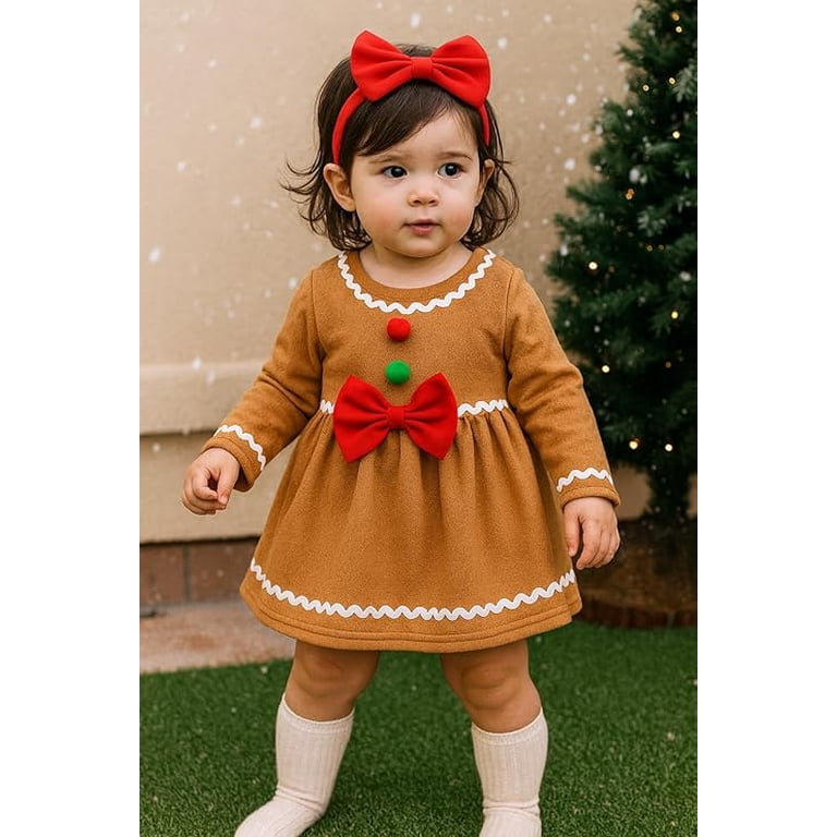 stylesilove Baby Toddler Girl Gingerbread Fleece Long Sleeve Holiday Dress  with Red Bow Pom Pom Details Brown Christmas Outfit (18 Months) -  Walmart.com