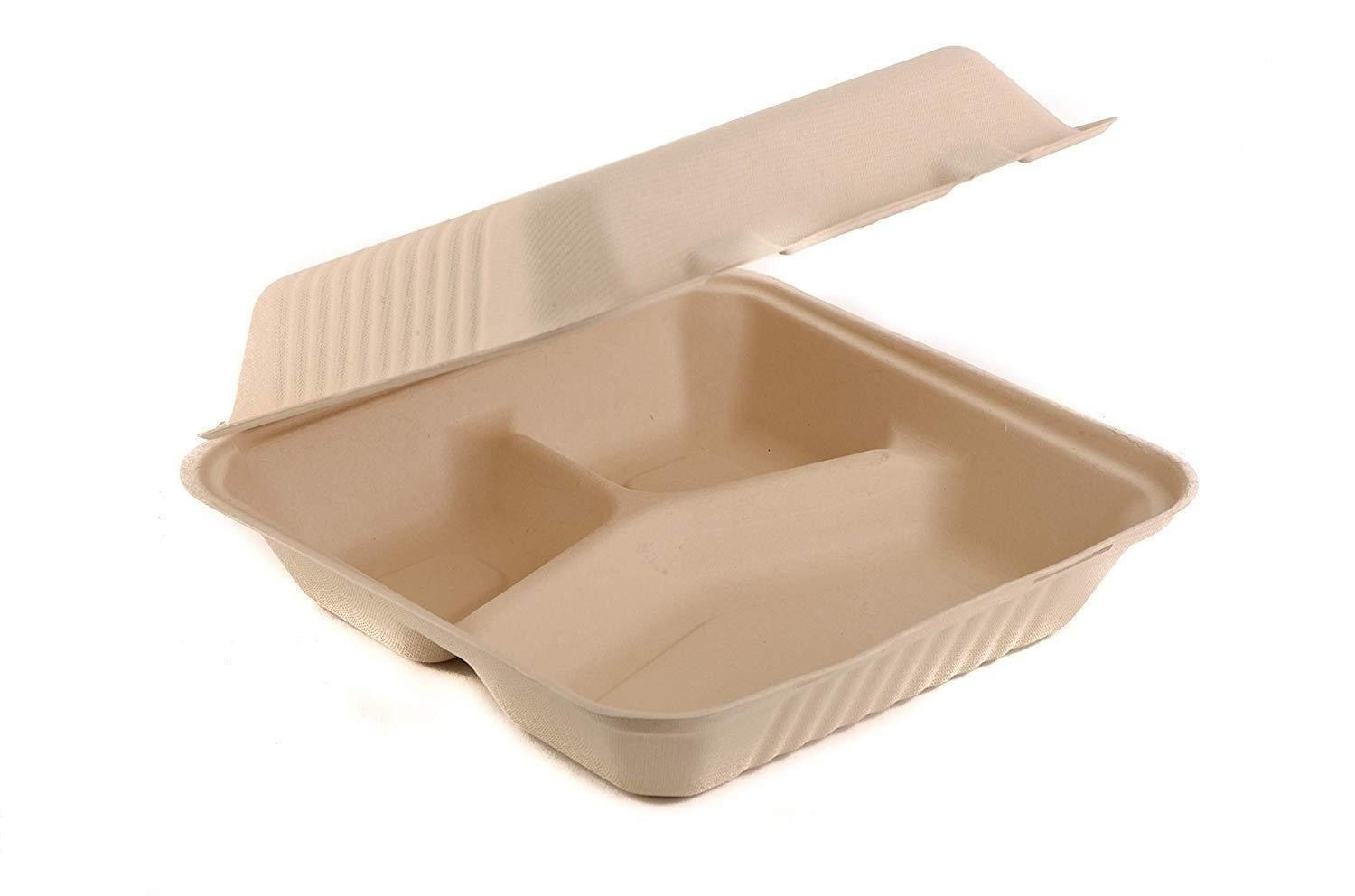 9” x 9” PFAS Free Bagasse Compostable Hinge Togo Container, White,  1-Compartment – 200/Case – High Country Hand Protection