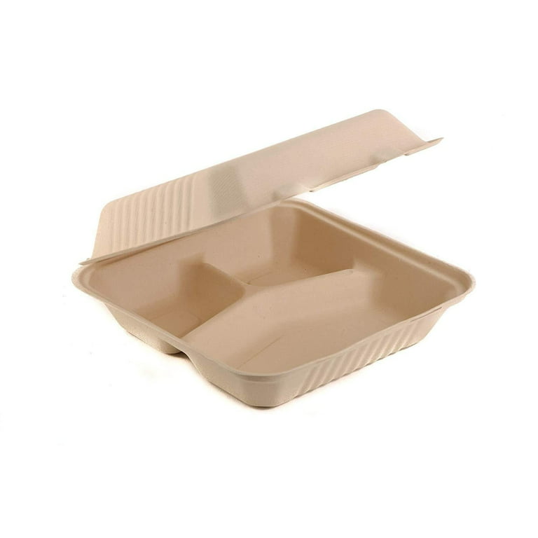 Green Earth, 8-inch, 50-Count, 3-Compartment, Compostable Clamshell, BAM  ware (Bamboo Fiber), Take-Out/to-Go Food Boxes - Biodegradable Containers