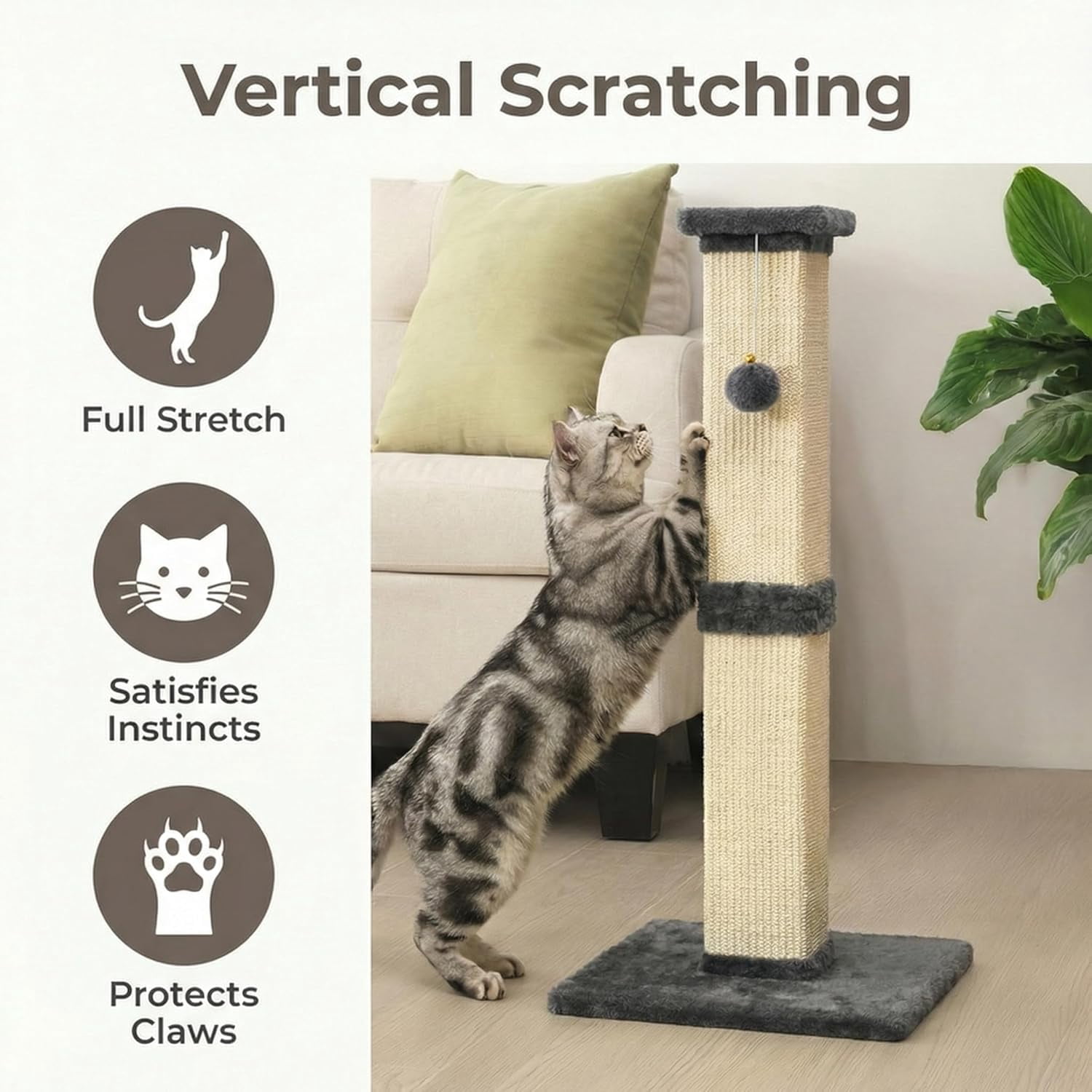 Tall  Scratching Post, 32'' Heavy Duty and Thick Sisal Rope with Hanging Ball for Adult Cats -