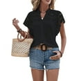 thumbnail image 2 of Women'S Eyelet Embroidery Blouse V Neck Button Down Shirt Flounce Short Sleeve Top with Cutout Detail Black XL, 2 of 9