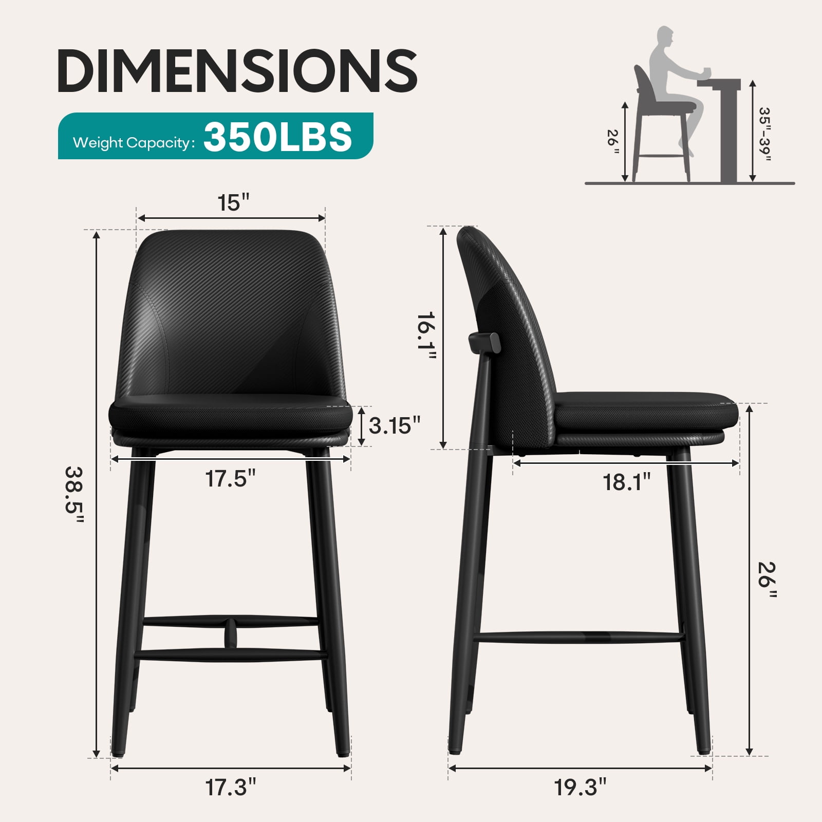 Genpo Bar Stools Set of 2, Upholstered Counter Height Bar Stools, Counter Stools 26 Inch Barstools with Back, Metal Legs and Textured Leather&Fabric for Kitchen Island Dining Room, Black