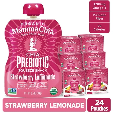 Mamma Chia Organic, Strawberry Lemonade Chia Prebiotic Squeeze, 3.5 oz, 24 Count Pouches 6 Boxes of 4