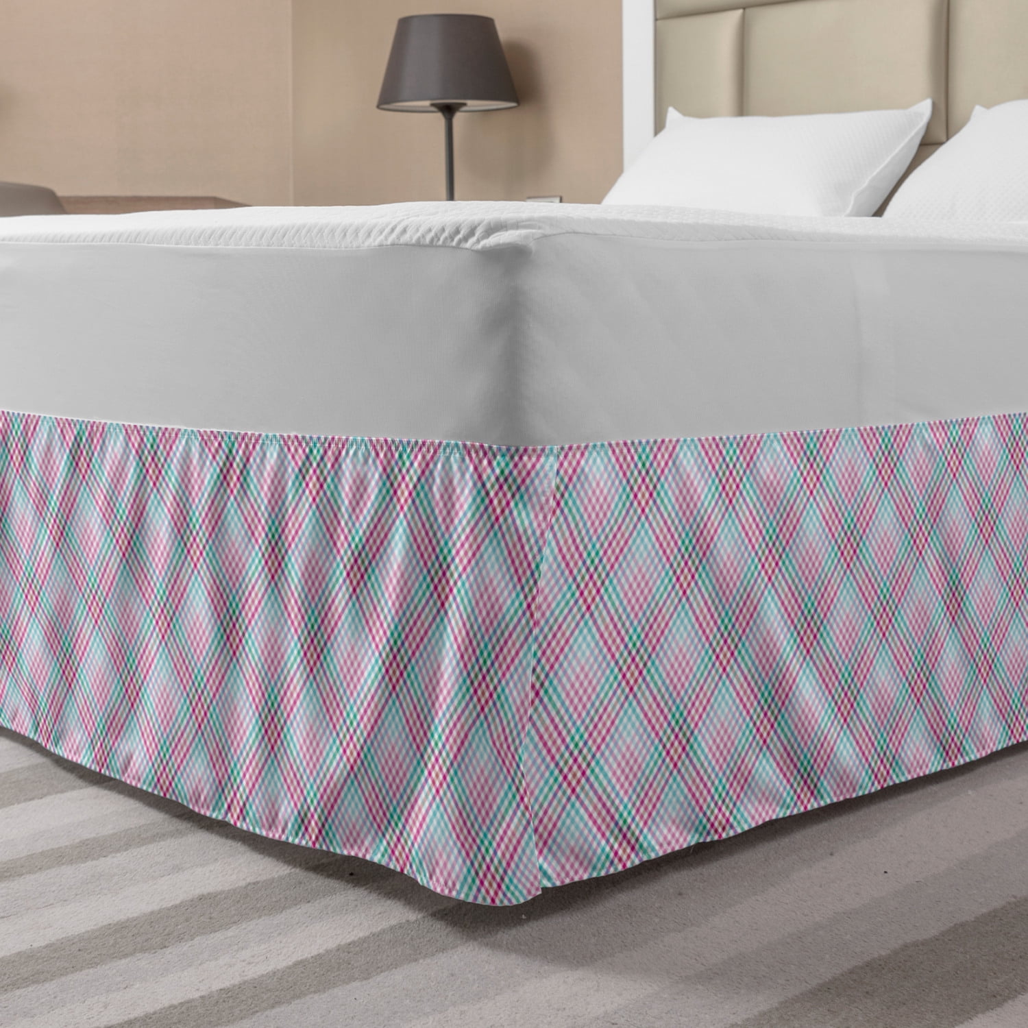 Geometric Bed Skirt, Square Checkered Colorful Plaid Modern Pattern