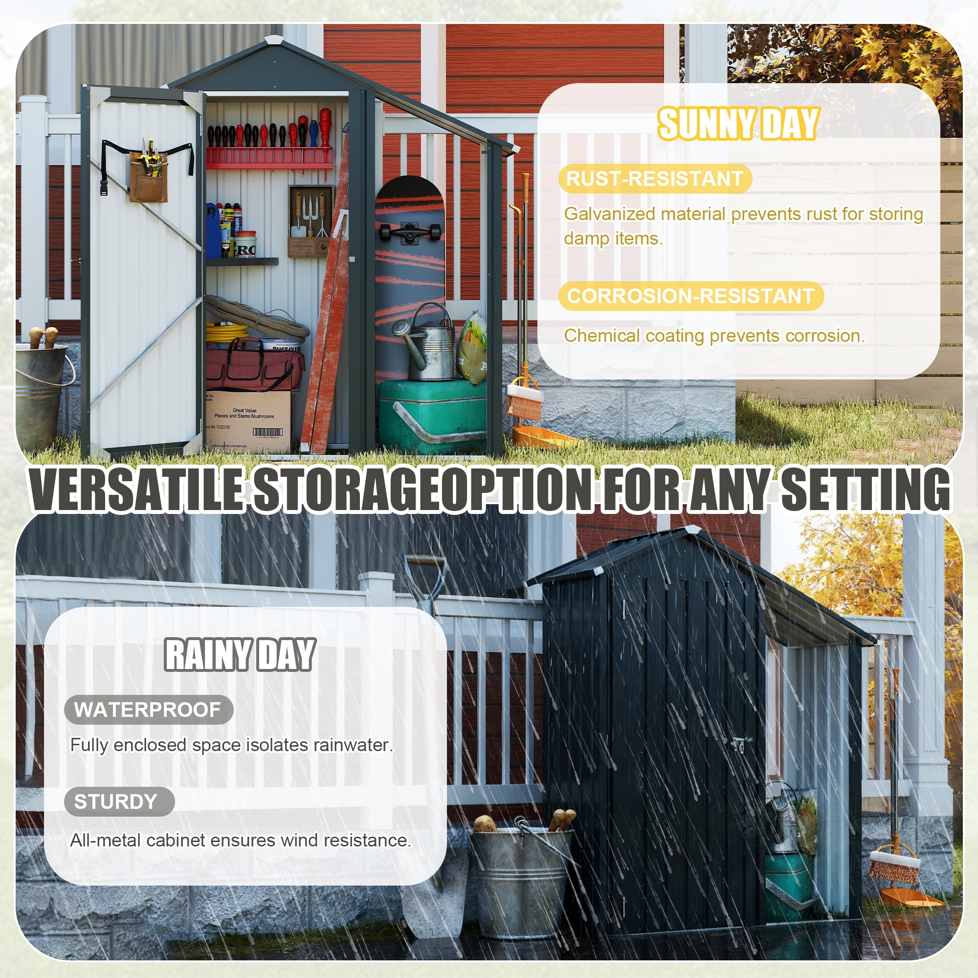 Metal Garden Shed, Small Outdoor Storage Shed with Lock, 2-in-1 Waterproof Galvanized Steel Tool Shed & Firewood Rack for Backyard, Patio, Dark Gray
