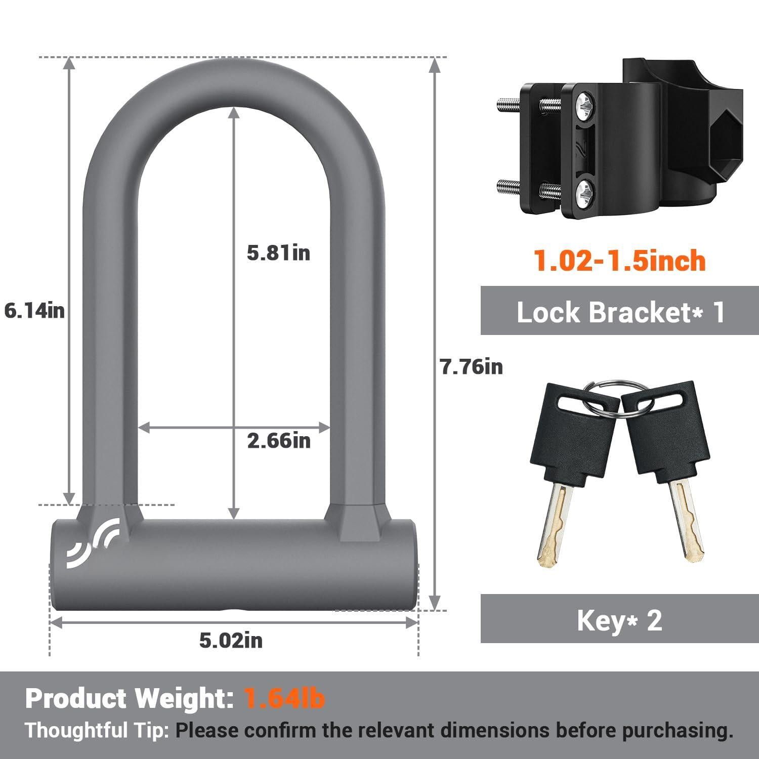 Bike Lock - 17mm Shackle Heavy Duty Anti U With 2 Keys Bicycle U-locks Sturdy Mounting Bracket For Road  Mountain Electric & Folding Size 7.76''x5.02''