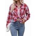 thumbnail image 3 of Women'S Flannel Plaid Button-Down Shirt Oversized Long Sleeve Short Sleeve Jacket Top Red S, 3 of 9