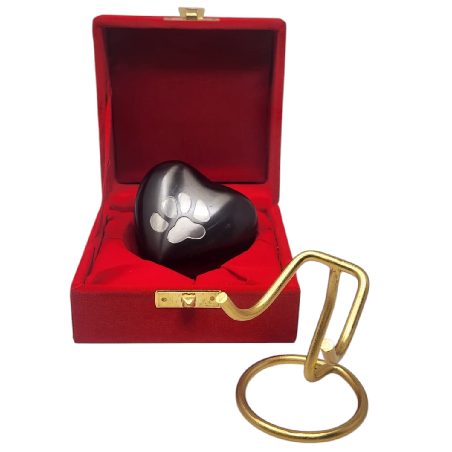 SMIURNS Matte Black Heart Pet Cremation Urn - Small Keepsake Urn for Dog or Cat Ashes with Hand-Engraved Silver Paw Print - Includes Red Velvet Box and Display Stand