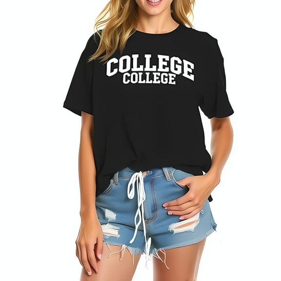 Oversized Black Cotton T-Shirt with Collegiate-Style 'COLLEGE COLLEGE' Graphic - Casual Short Sleeve Tee for Summer