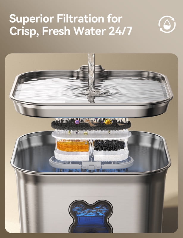FeelNeedy Cat Water Fountain, 2.8L/95oz Stainless Steel Cat Fountain with Filter, Ultra-quiet Automatic Pet Water Dispenser for Cats Indoor