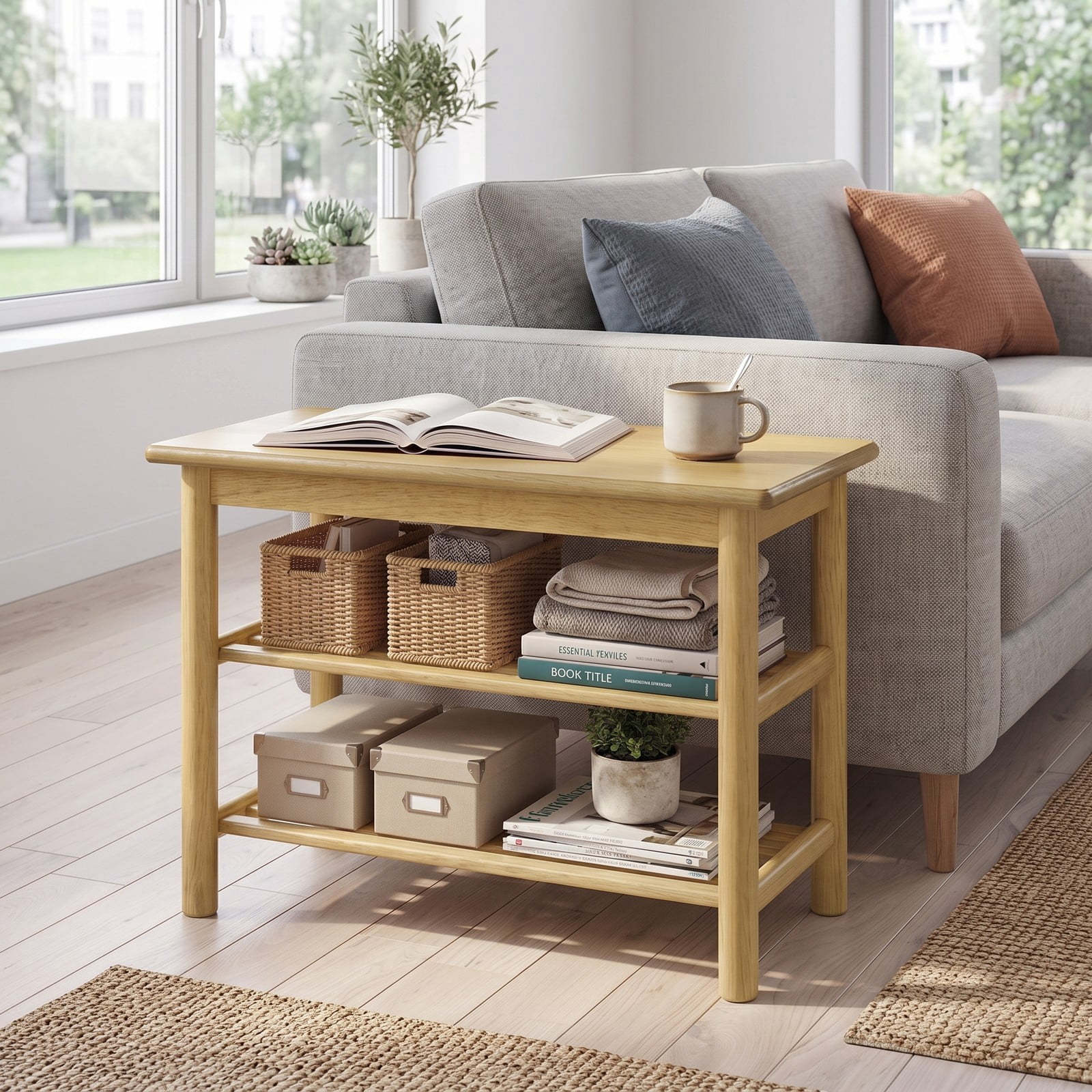 Furnibear 3-Tier Rubberwood Shoe Rack Bench with Wide Seat and Slatted Storage Shelves for Entryway Bedroom and Living Room, Natural