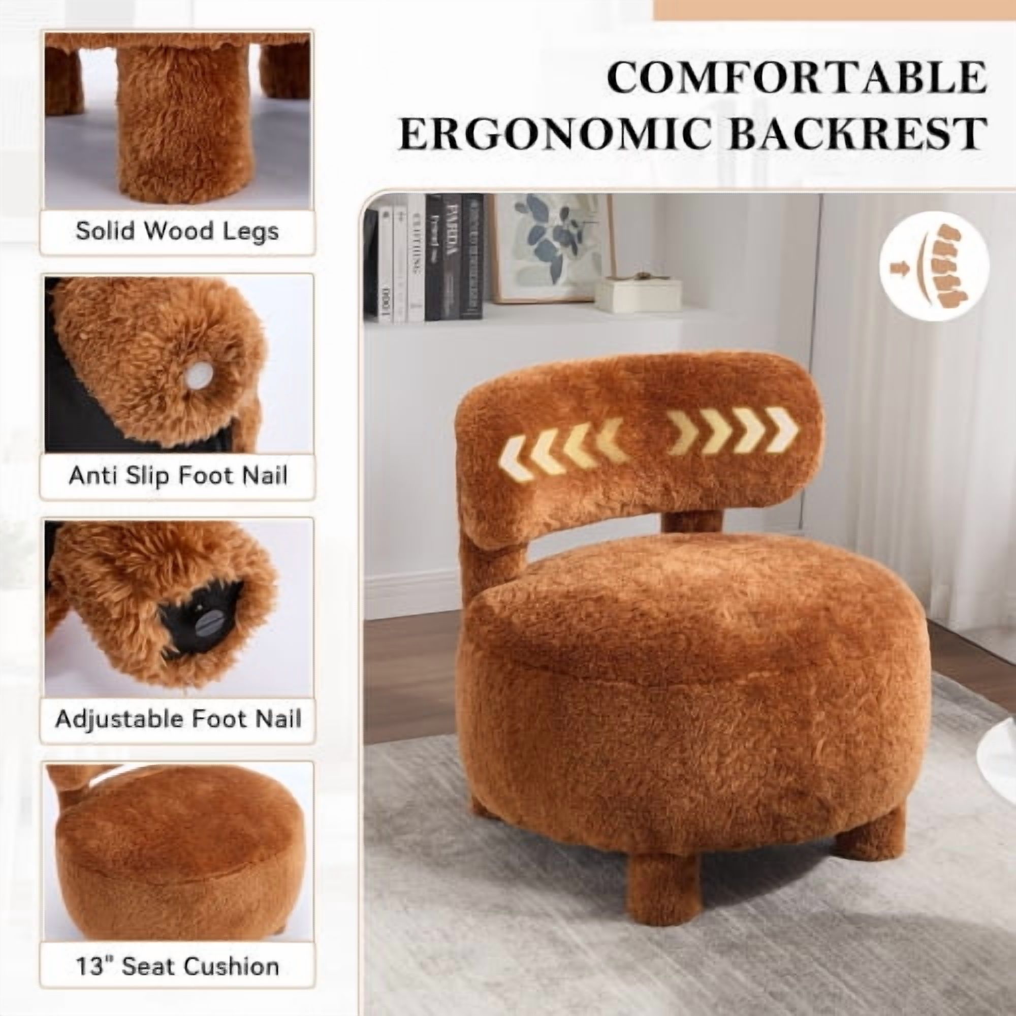 MOONMISS Accent Chair With Curved Backrest And Solid Wood Legs Upholstered Chair Slipper Side Chair For Primary Living Space Bedroom Vanity Room Or Reading Room ,Khaki-Fur