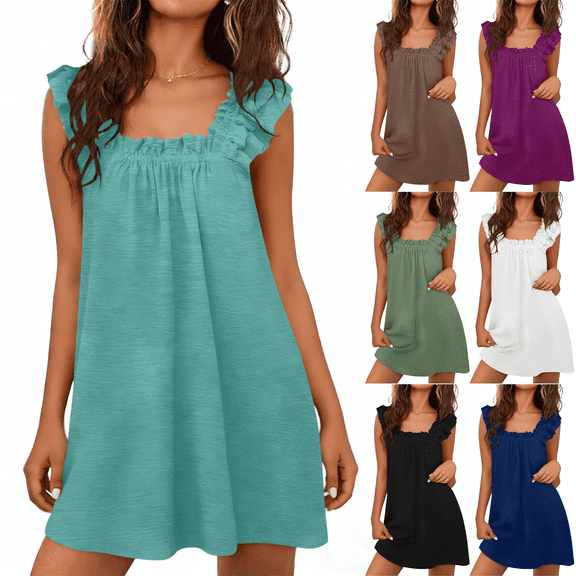 Summer Dresses for Women Wide Strap Pleated Square Neck Sleeveless Sundress Summer Casul Vacation Party Short Dress S-2XL