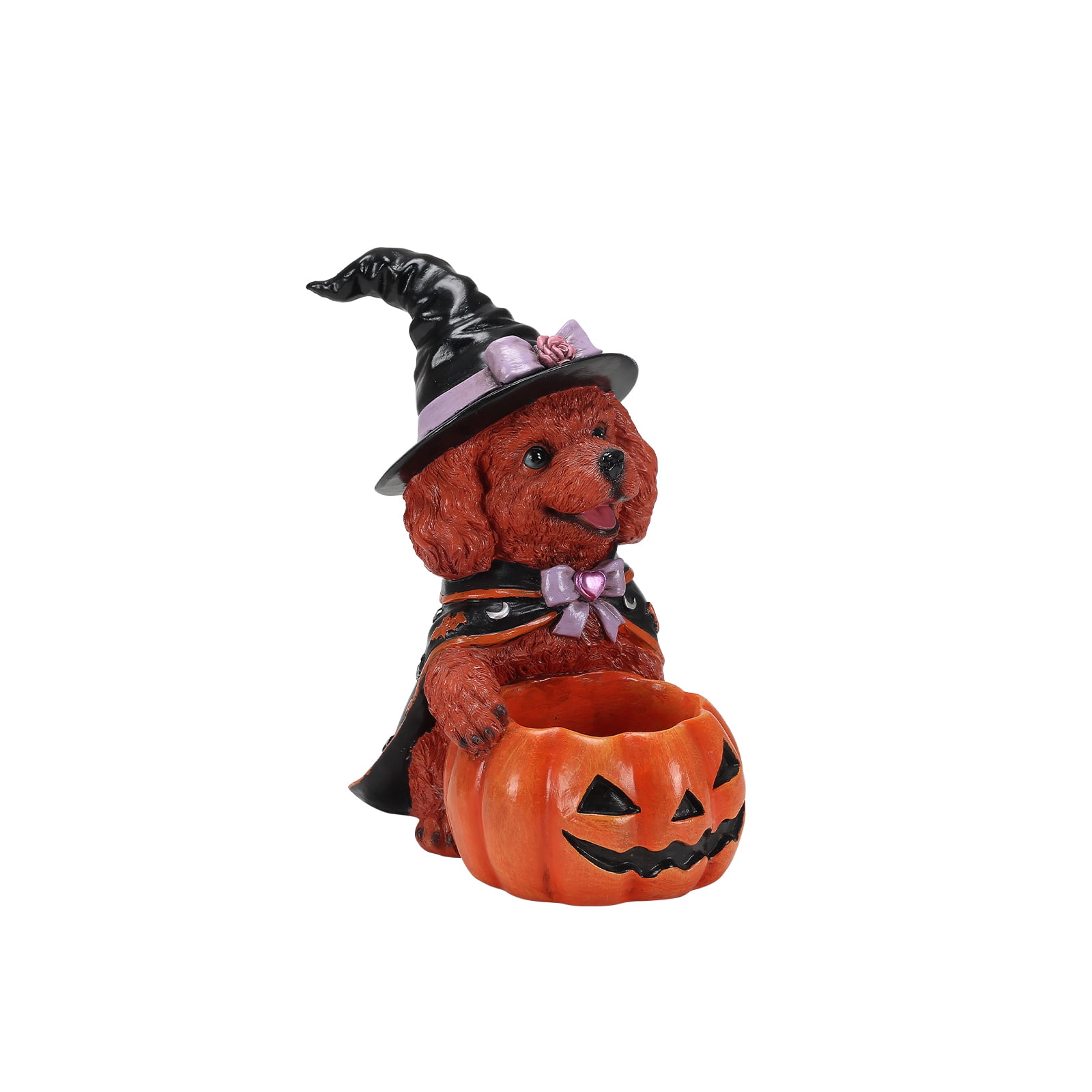 Teddy Dog Figurine 12.6 Inch, Halloween Witch Puppy Statue with Pumpkin Candy Bowl, Cute Dog Decor for Tabletop and Holiday Display, Reddish Brown and Orange-Red