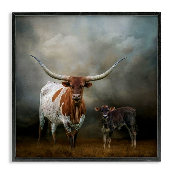 Stupell Industries Longhorn & Calf Babysitter Animals & Insects Painting Black Framed Art Print Wall Art, 12 x 12