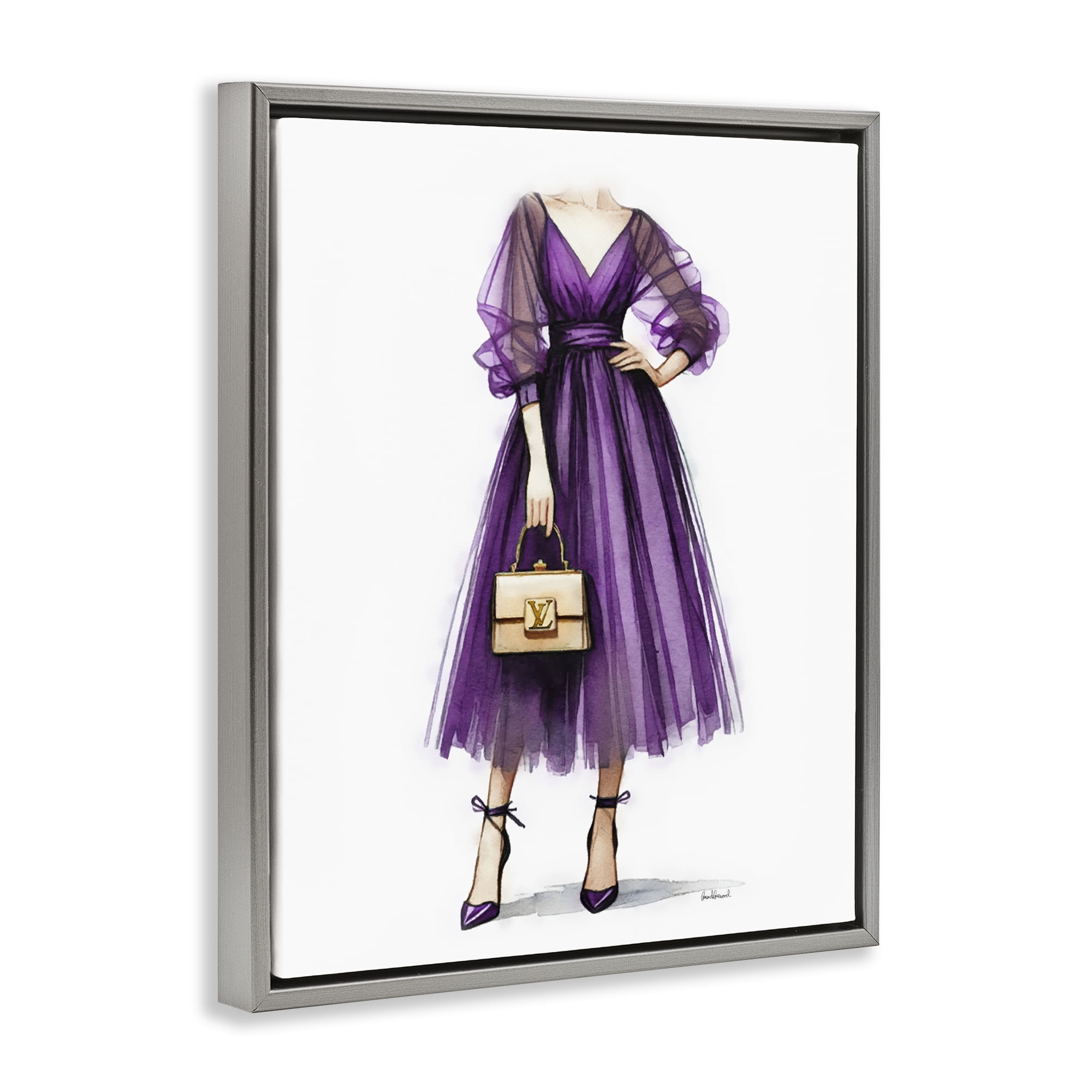 Stupell Industries Purple Glam Dress Fashion Painting Gray Floater Framed Canvas Art Print Wall Art, 17 x 21