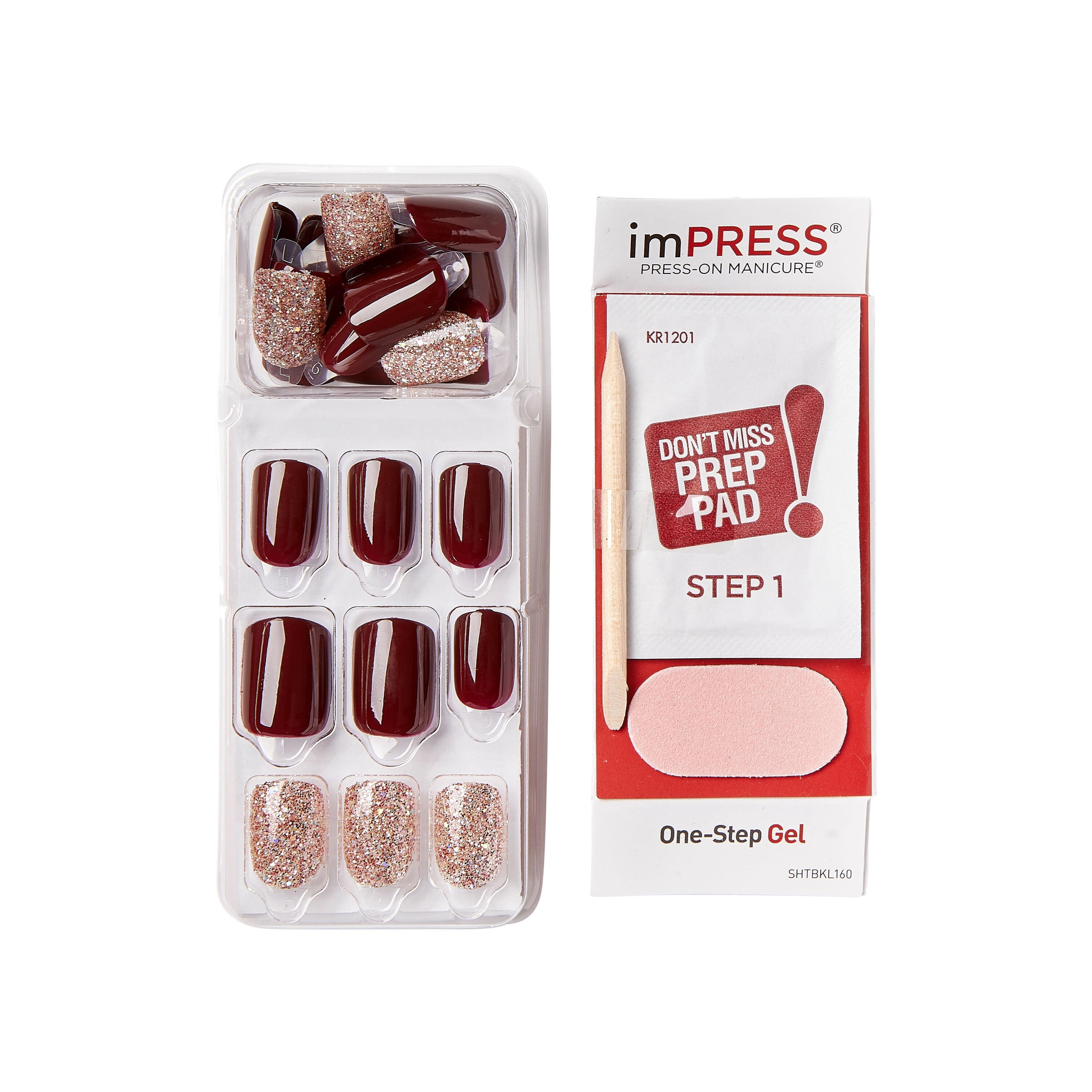 Impress Design Press On Nails , No Glue, Red, Short Length, Squoval Shape, 33 Pieces