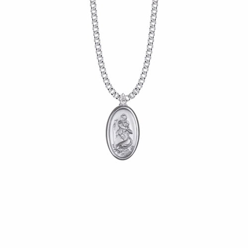 Singer Men's Women's 1 Inch Silver Oval St. Christopher Polished Border Medal, Patron Saint of Travelers with Stainless Steel Rhodium Plated 20" Chain, Style Saint