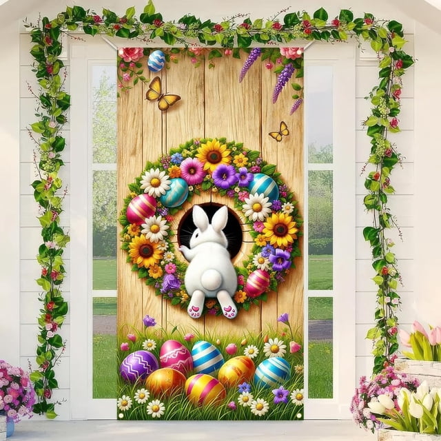 CaiYueKe Easter Door Curtain Spring Holiday Decorations Bunny Egg Pattern Party Supplies Wall Hanging Decorative Banner for Home Indoor Outdoor Festival Celebration